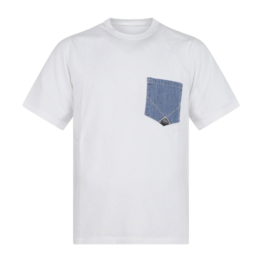 Roy Roger's - T-shirt bianca manica corta con taschino in jeans sul petto per