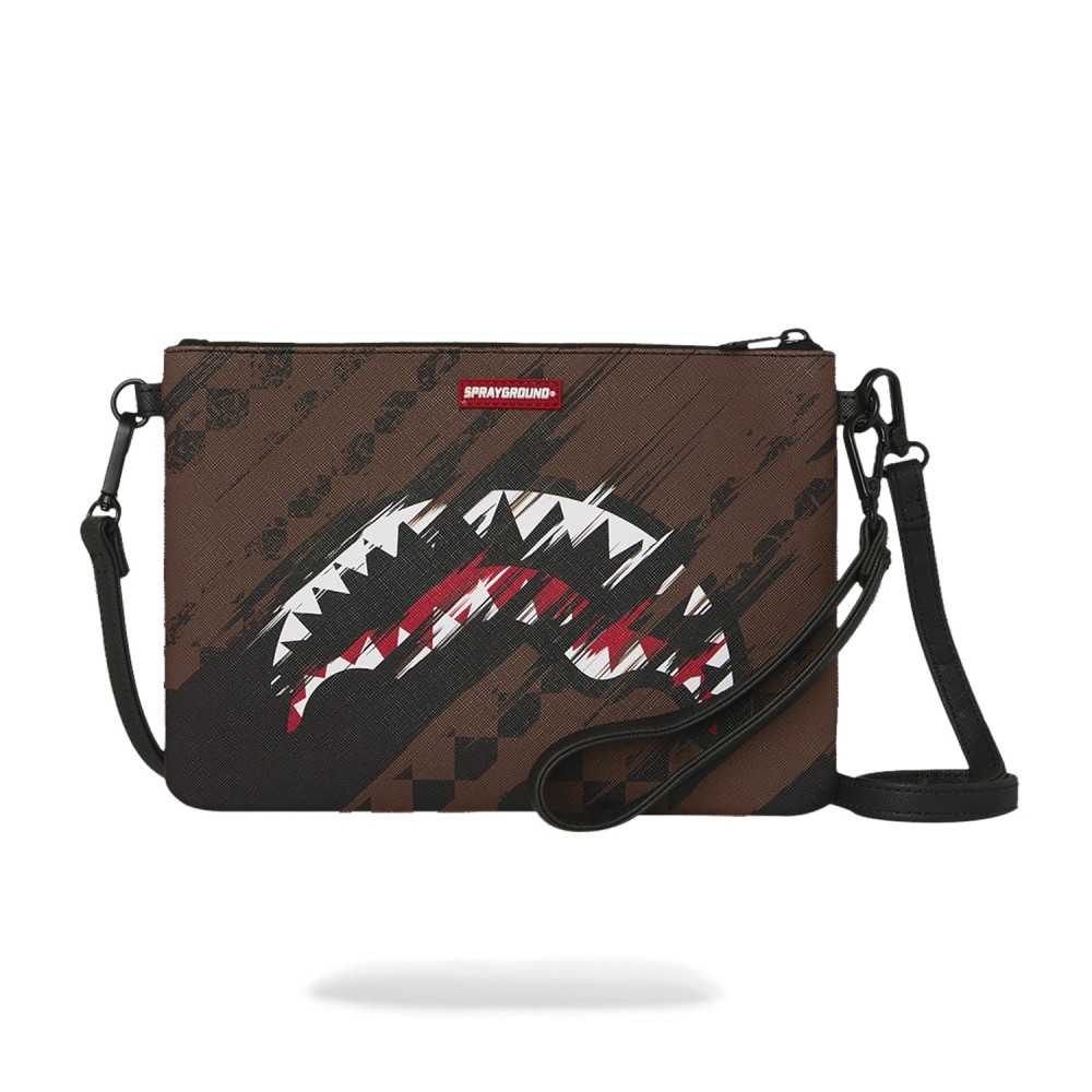 Sprayground - Pochette marrone fantasia check all over con patch logo gommato
