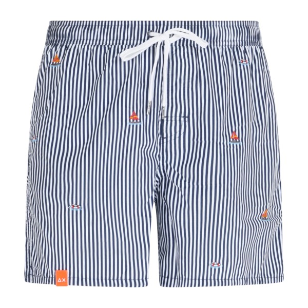 Sun68 - Bermuda mare blu a righe con ricamo barca a vela all over per uomo |