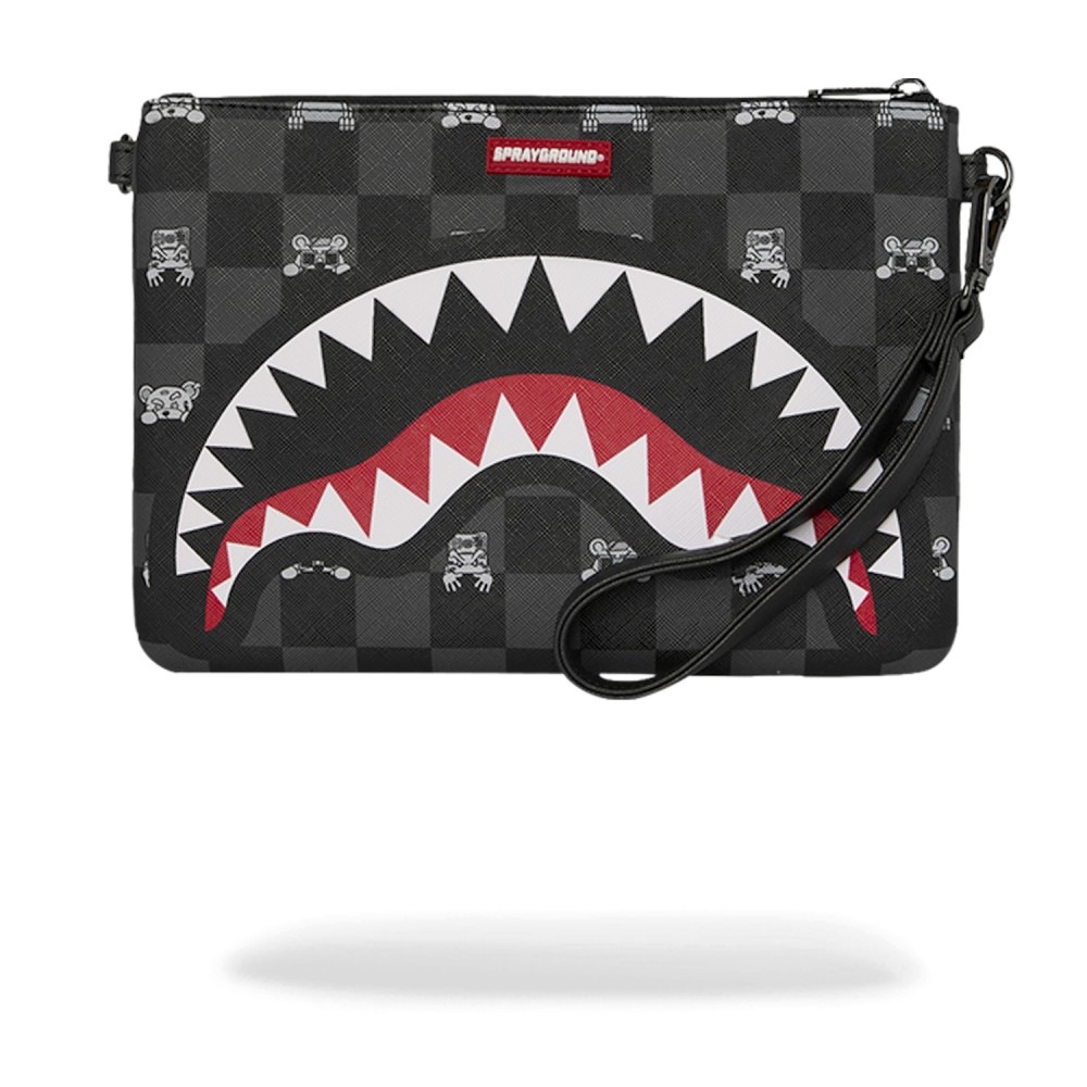 Sprayground - Pochette nera fantasia check all over con patch logo gommato per