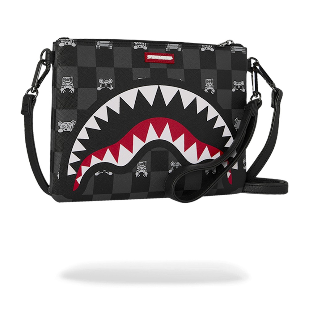 Sprayground - Pochette nera fantasia check all over con patch logo gommato per