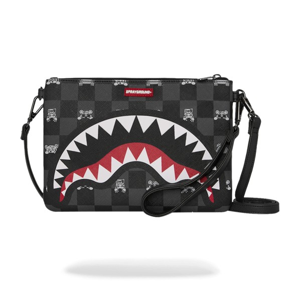 Sprayground - Pochette nera fantasia check all over con patch logo gommato per