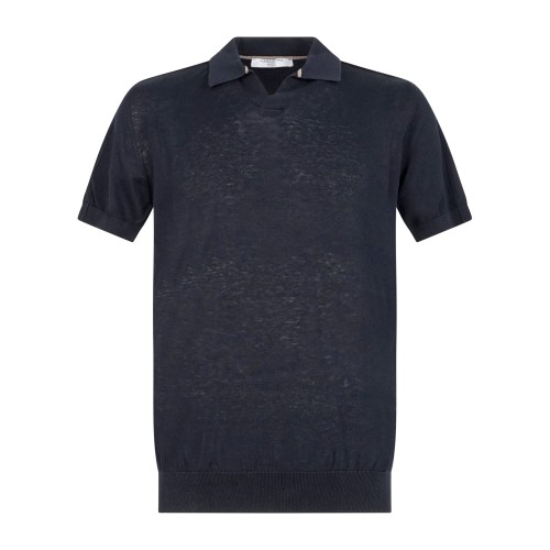 Hamaki-Ho - Polo blu senza bottoni manica corta in maglia di cotone per uomo |