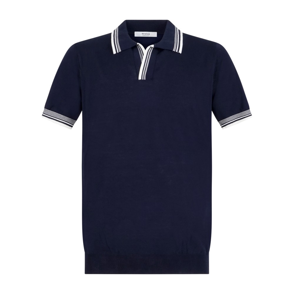 MASQ - Polo blu senza bottoni manica corta in maglia di cotone con profili in