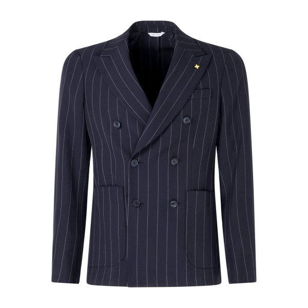 Alessandro Gilles - Abito blu rigato doppiopetto sfoderato tasca a toppa per