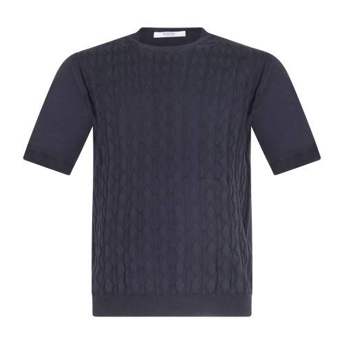 MASQ - T-shirt blu manica corta con lavorazione a rombi sul fronte in maglia di