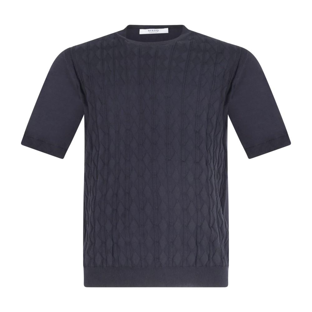 MASQ - T-shirt blu manica corta con lavorazione a rombi sul fronte in maglia di
