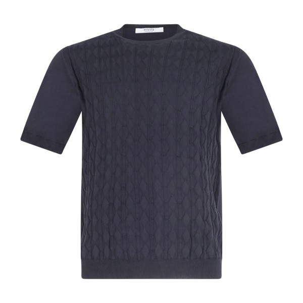 MASQ - T-shirt blu manica corta con lavorazione a rombi sul fronte in maglia di