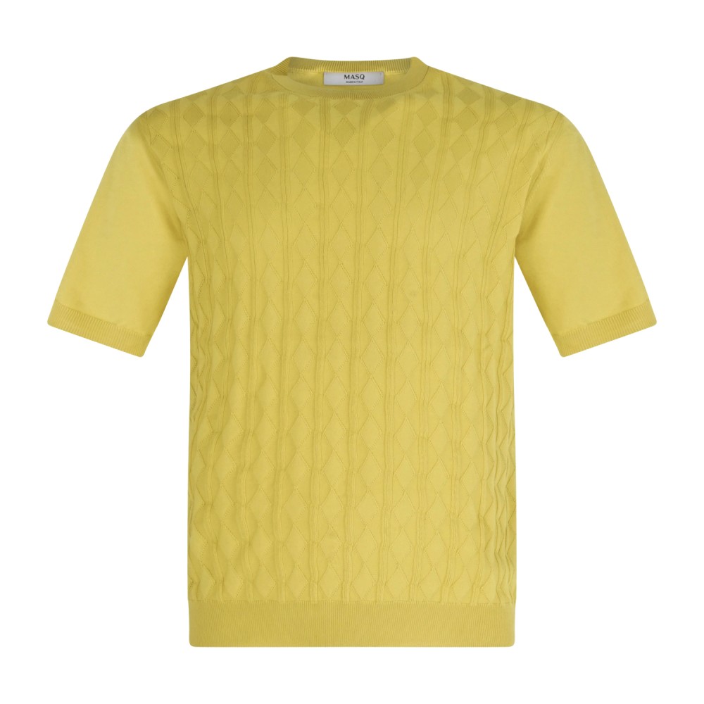 MASQ - T-shirt gialla manica corta con lavorazione a rombi sul fronte in maglia