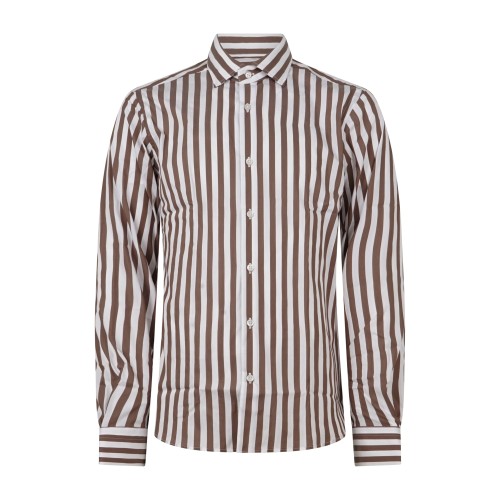 Lavorazione Sartoriale - Camicia bianca a righe marroni in tessuto tecnico slim
