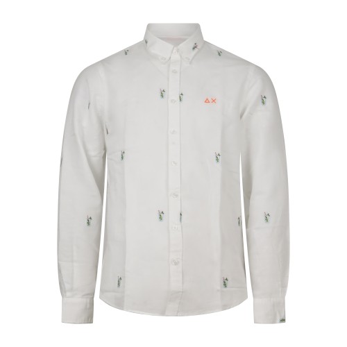 Sun68 - Camicia bianca in lino con logo e ricami bichieri all over per uomo |