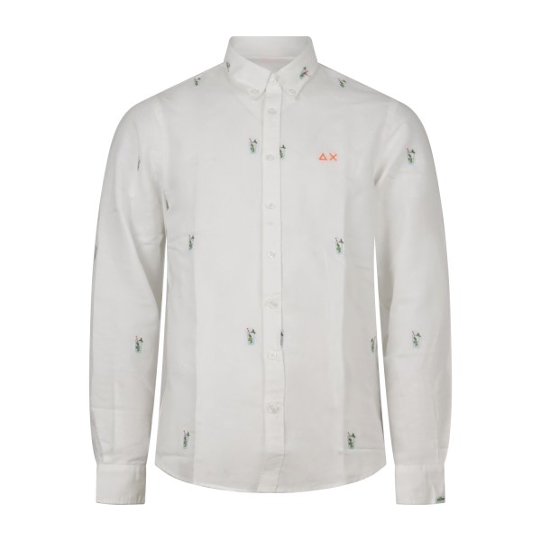 Sun68 - Camicia bianca in lino con logo e ricami bichieri all over per uomo |