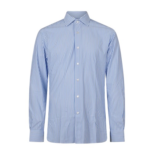 Xacus - Camicia bianca rigata celeste in tessuto tecnico tailor fit per uomo |