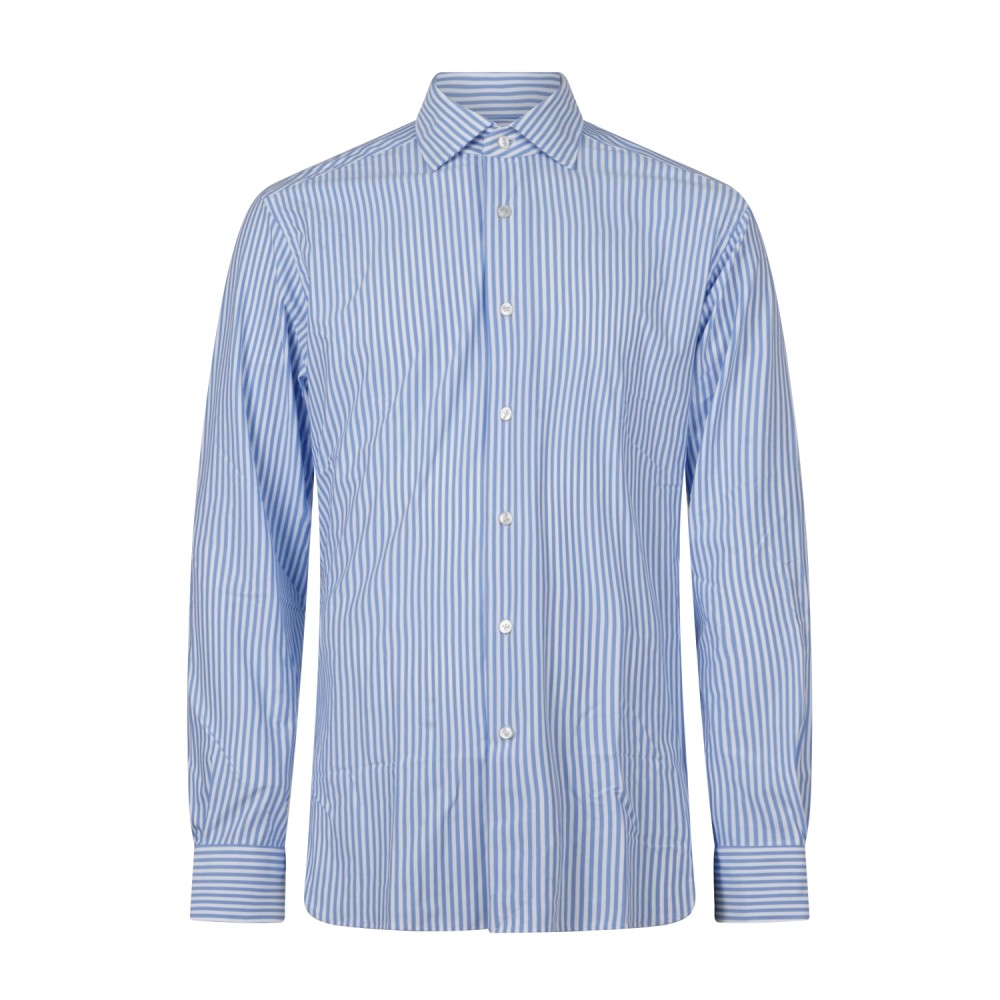 Xacus - Camicia bianca rigata celeste in tessuto tecnico tailor fit per uomo |
