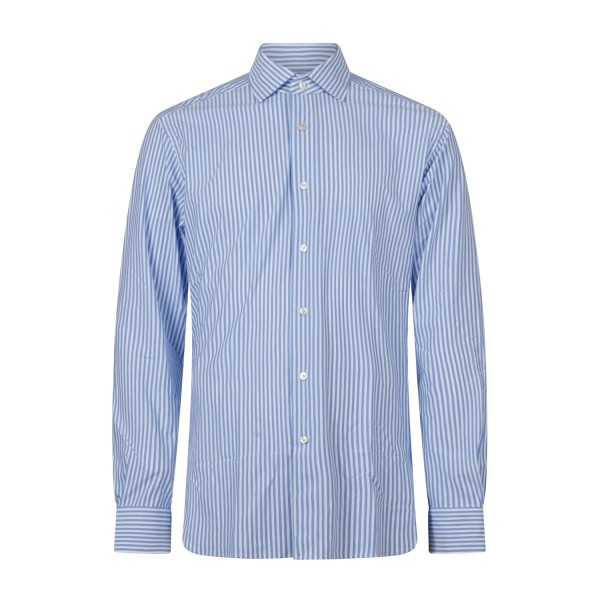 Xacus - Camicia bianca rigata celeste in tessuto tecnico tailor fit per uomo |