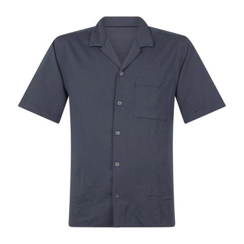 Xacus - Camicia blu mezza manica in tessuto seersuker tecnico con taschino
