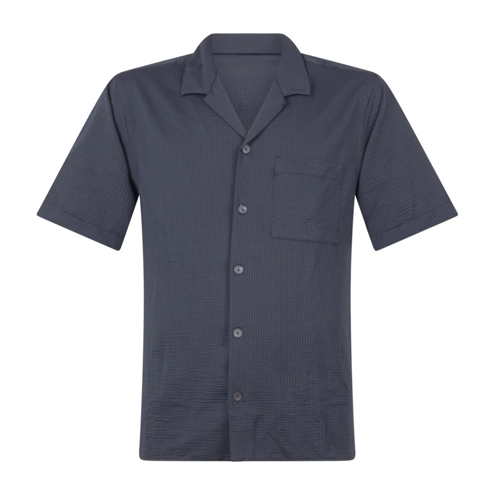 Xacus - Camicia blu mezza manica in tessuto seersuker tecnico con taschino