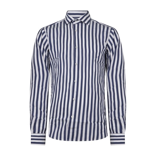 Lavorazione Sartoriale - Camicia bianca a righe blu in tessuto tecnico slim fit
