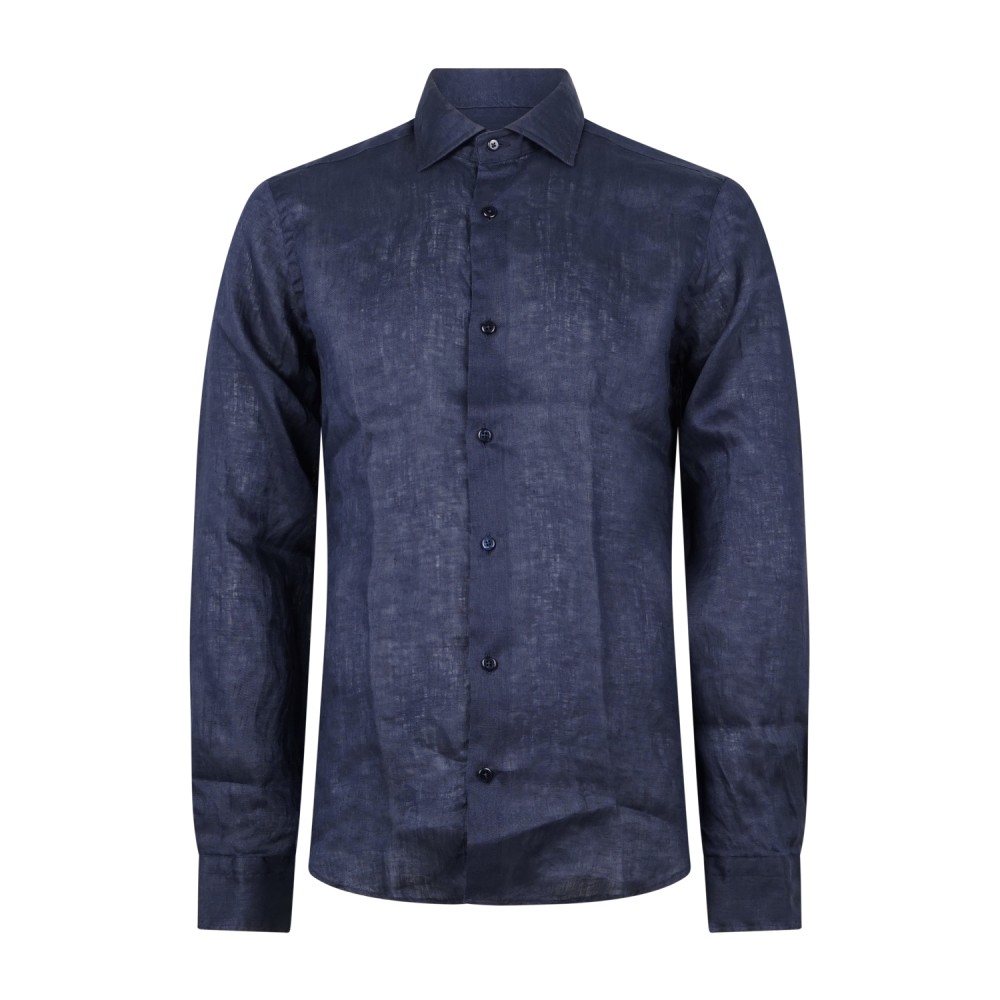 Lavorazione Sartoriale - Camicia blu in lino e cotone slim fit per uomo |