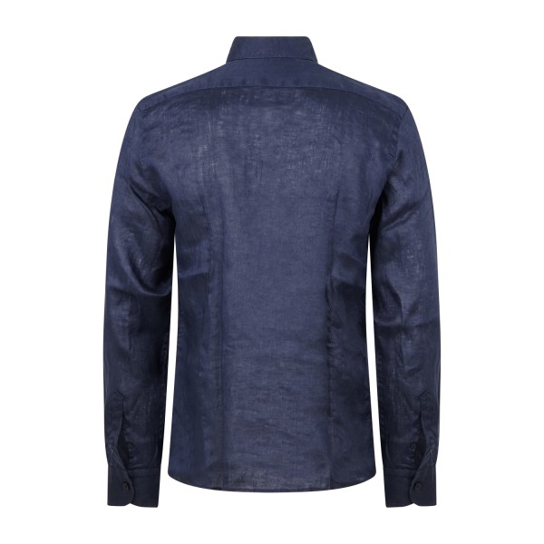 Lavorazione Sartoriale - Camicia blu in lino e cotone custom fit per uomo |