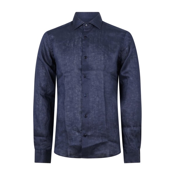 Lavorazione Sartoriale - Camicia blu in lino e cotone custom fit per uomo |