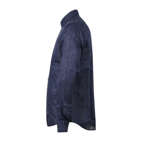 Lavorazione Sartoriale - Camicia blu in lino e cotone custom fit per uomo |