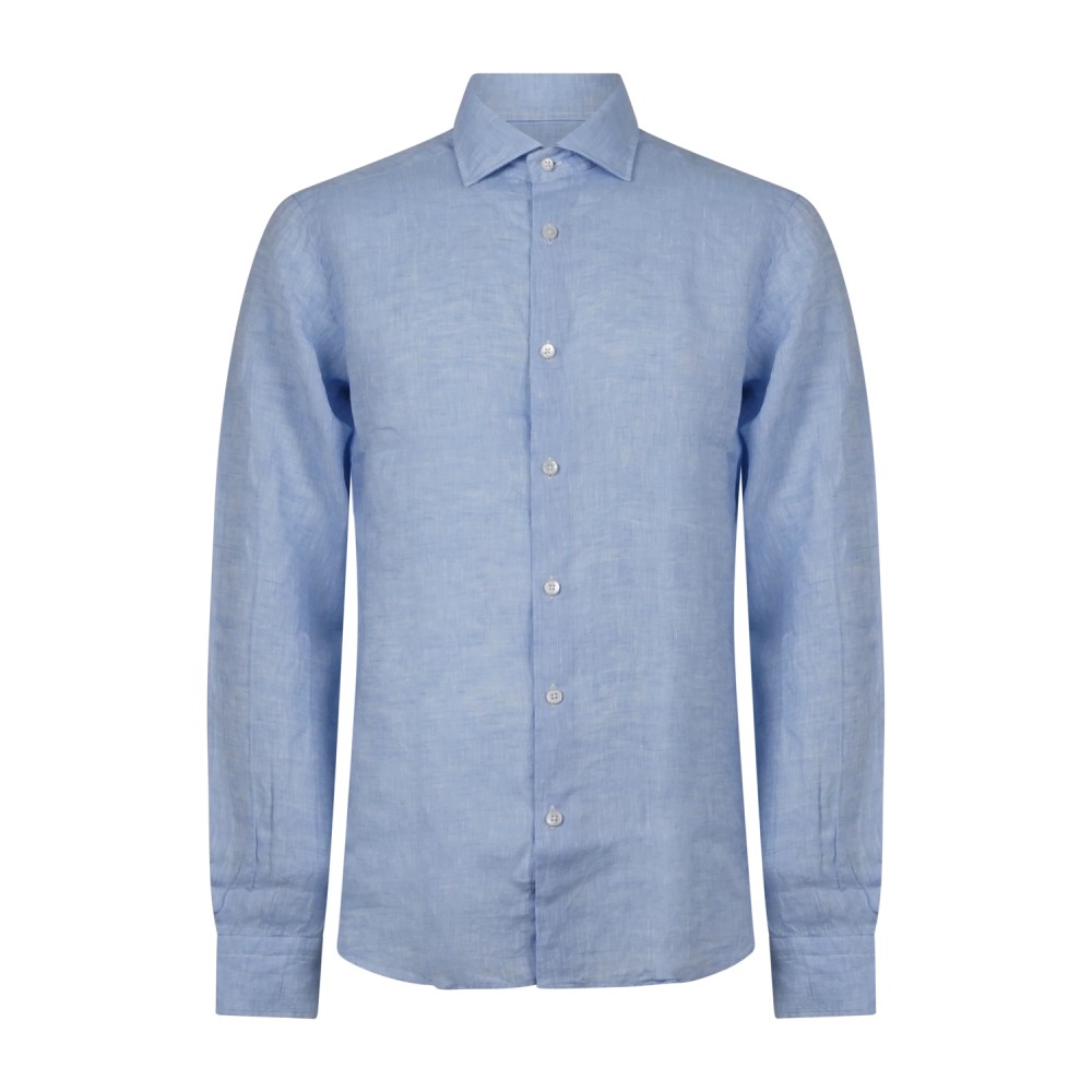 Lavorazione Sartoriale - Camicia celeste in lino e cotone custom fit per uomo |