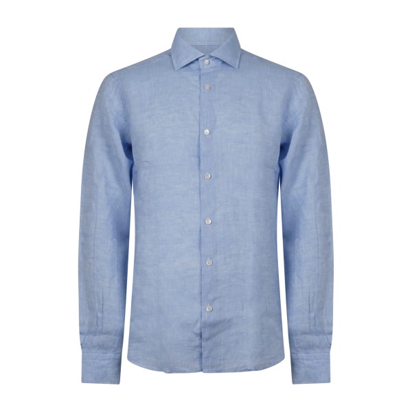 Lavorazione Sartoriale - Camicia celeste in lino e cotone custom fit per uomo |