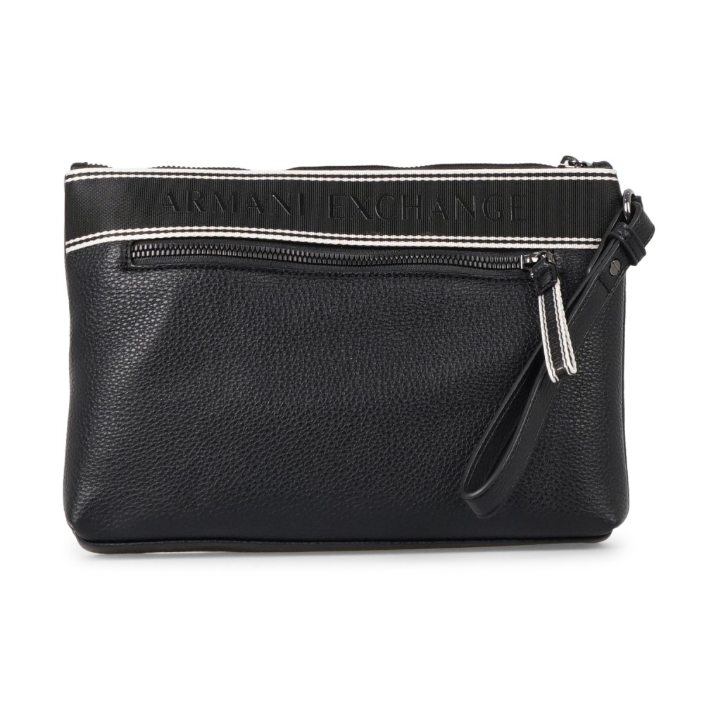 Armani Exchange - Pochette nera in pelle martellata con fascia in tessuto