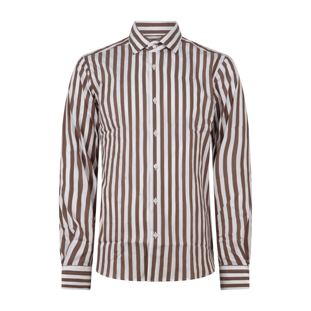 Lavorazione Sartoriale - Camicia bianca a righe marroni in tessuto tecnico