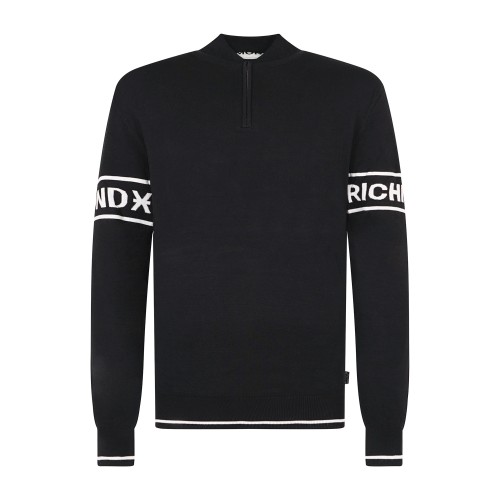 Richmond X | Maglione nero collo alto con mezza zip e logo regular fit per uomo