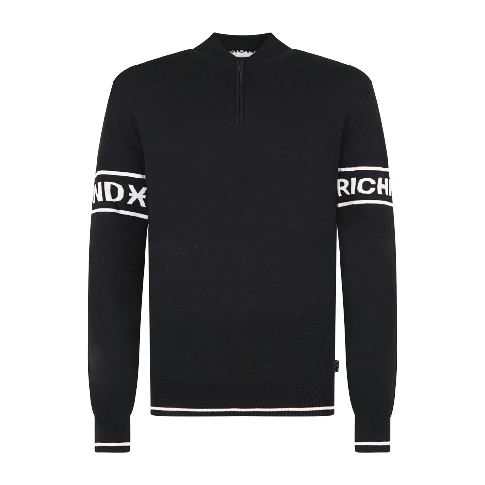 Richmond X | Maglione nero collo alto con mezza zip e logo regular fit per uomo