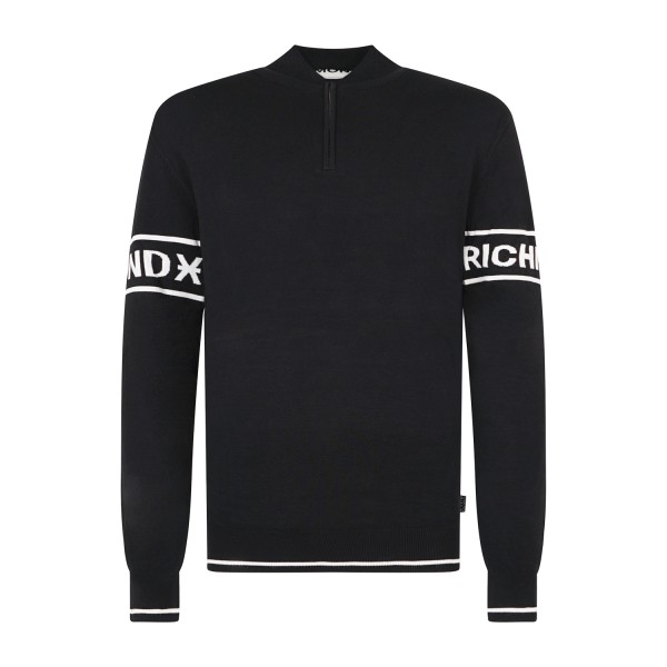 Richmond X | Maglione nero collo alto con mezza zip e logo regular fit per uomo