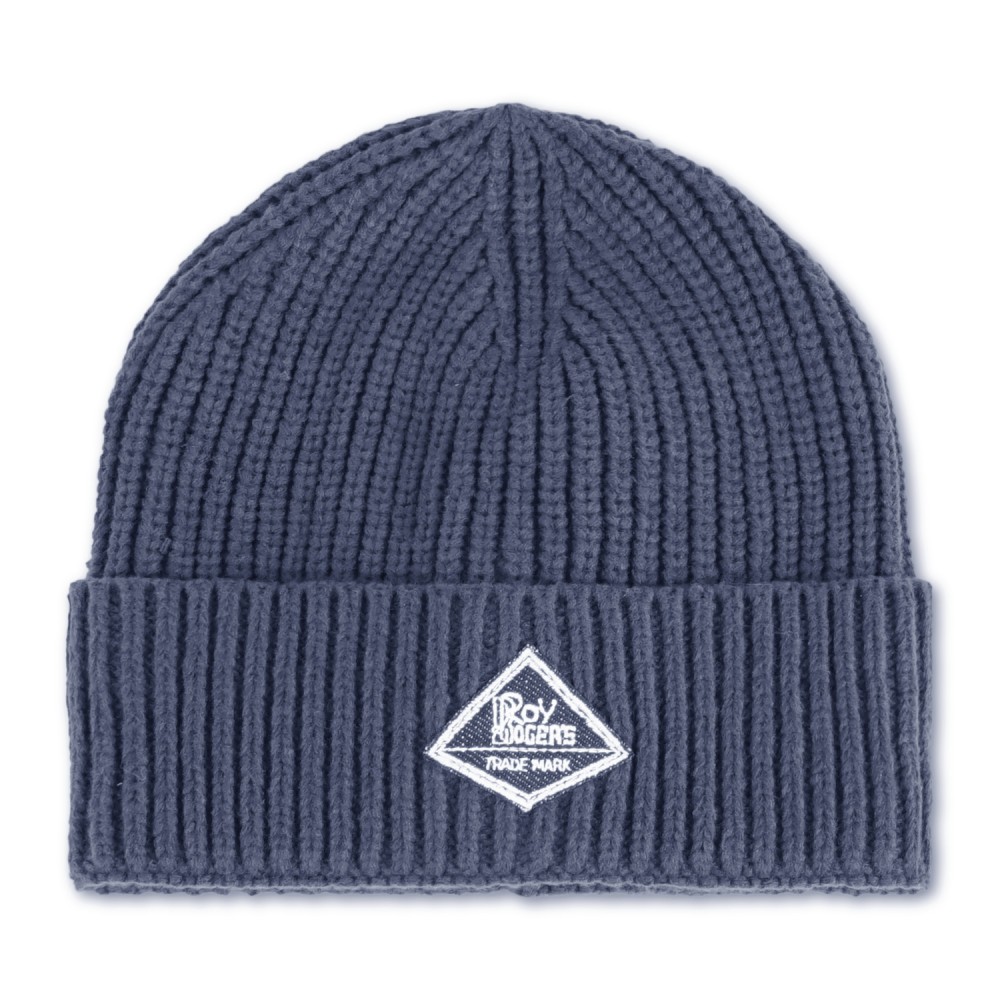 Roy Roger's - Cappello blu con lavorazione in maglia a coste e patch logo in