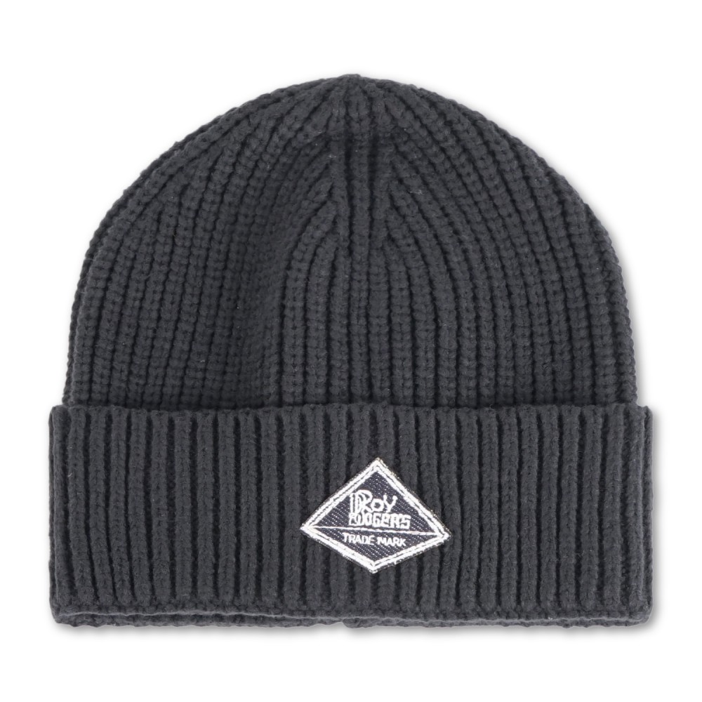 Roy Roger's - Cappello nero con lavorazione in maglia a coste e patch logo in