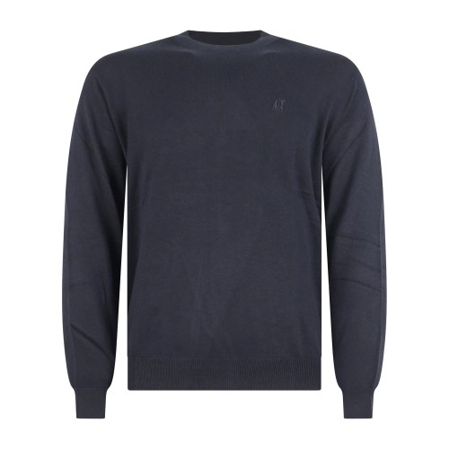Armani Exchange - Maglione girocollo blu in cotone con logo ricamato regular
