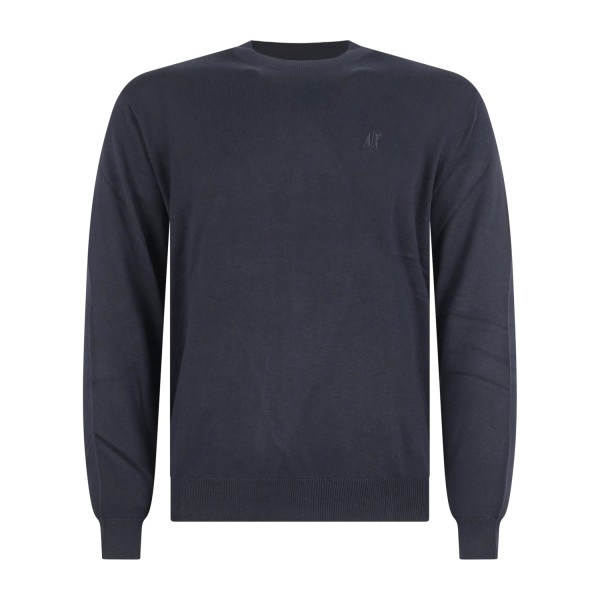 Armani Exchange - Maglione girocollo blu in cotone con logo ricamato regular
