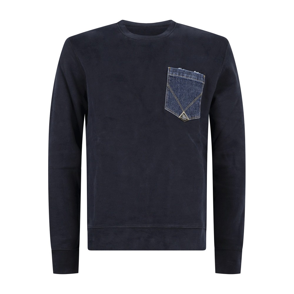 Roy Roger's - Felpa blu girocollo con taschino in jeans sul petto per uomo |