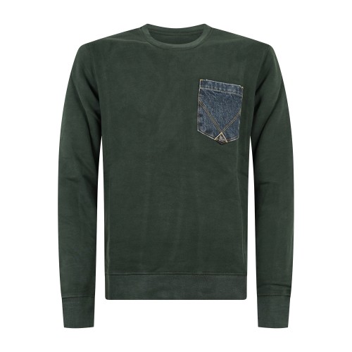 Roy Roger's - Felpa verde girocollo con taschino in jeans sul petto per uomo |