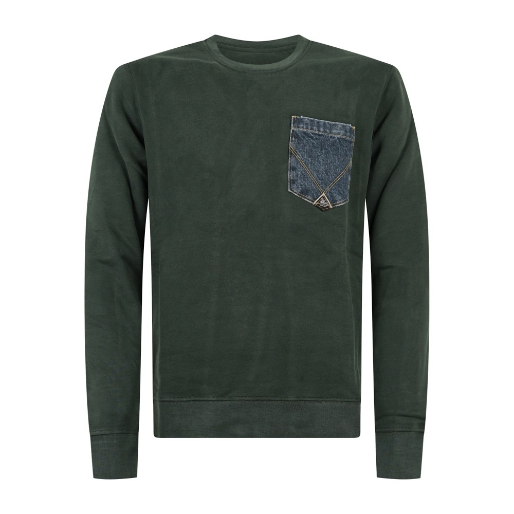 Roy Roger's - Felpa verde girocollo con taschino in jeans sul petto per uomo |
