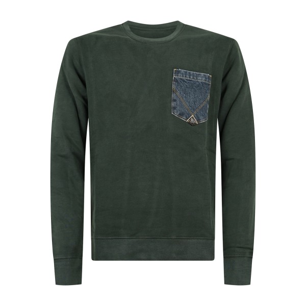 Roy Roger's - Felpa verde girocollo con taschino in jeans sul petto per uomo |