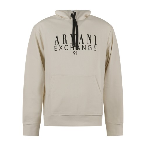 Armani Exchange - Felpa bianca con cappuccio in cotone con logo ricamato