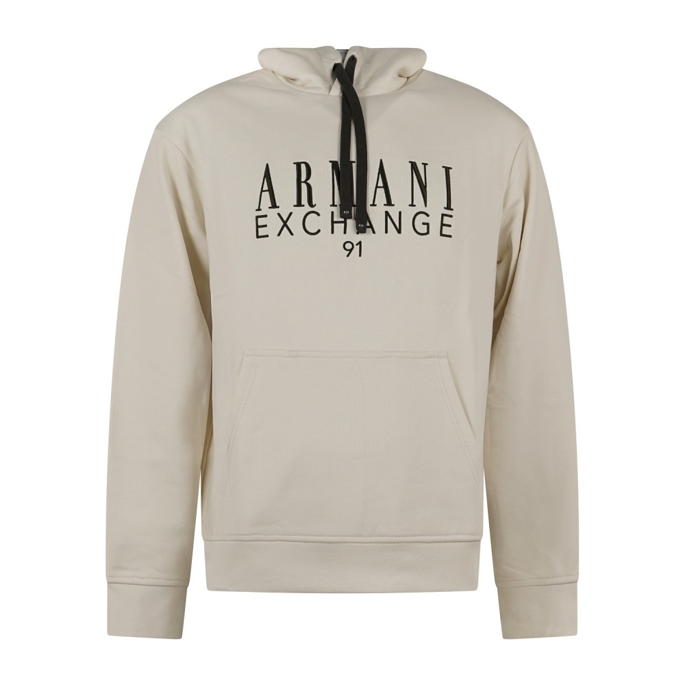 Armani Exchange - Felpa bianca con cappuccio in cotone con logo ricamato