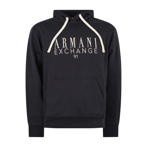 Armani Exchange - Felpa blu con cappuccio in cotone con logo ricamato regular