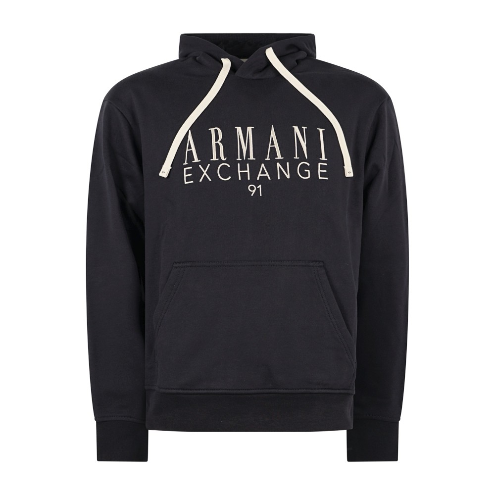 Armani Exchange - Felpa blu con cappuccio in cotone con logo ricamato regular