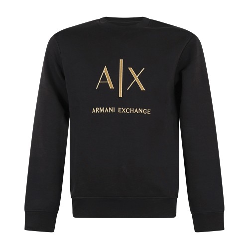 Armani Exchange - Felpa girocollo nera in cotone con logo in rilievo regular