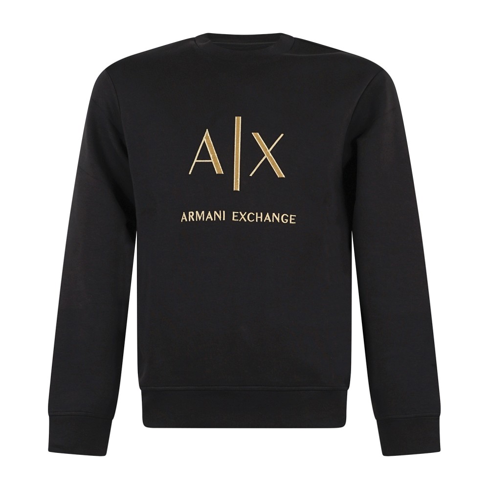 Armani Exchange - Felpa girocollo nera in cotone con logo in rilievo regular