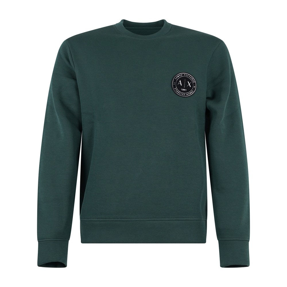Armani Exchange - Felpa verde girocollo in cotone con patch logo regular fit