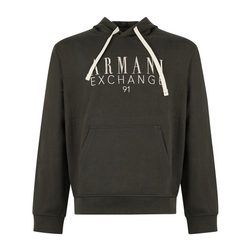 Armani Exchange - Felpa verde con cappuccio in cotone con logo ricamato regular