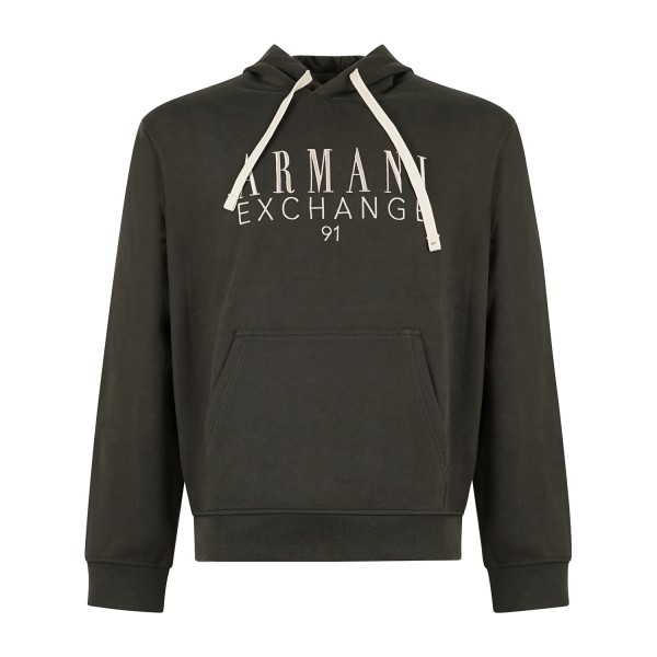 Armani Exchange - Felpa verde con cappuccio in cotone con logo ricamato regular